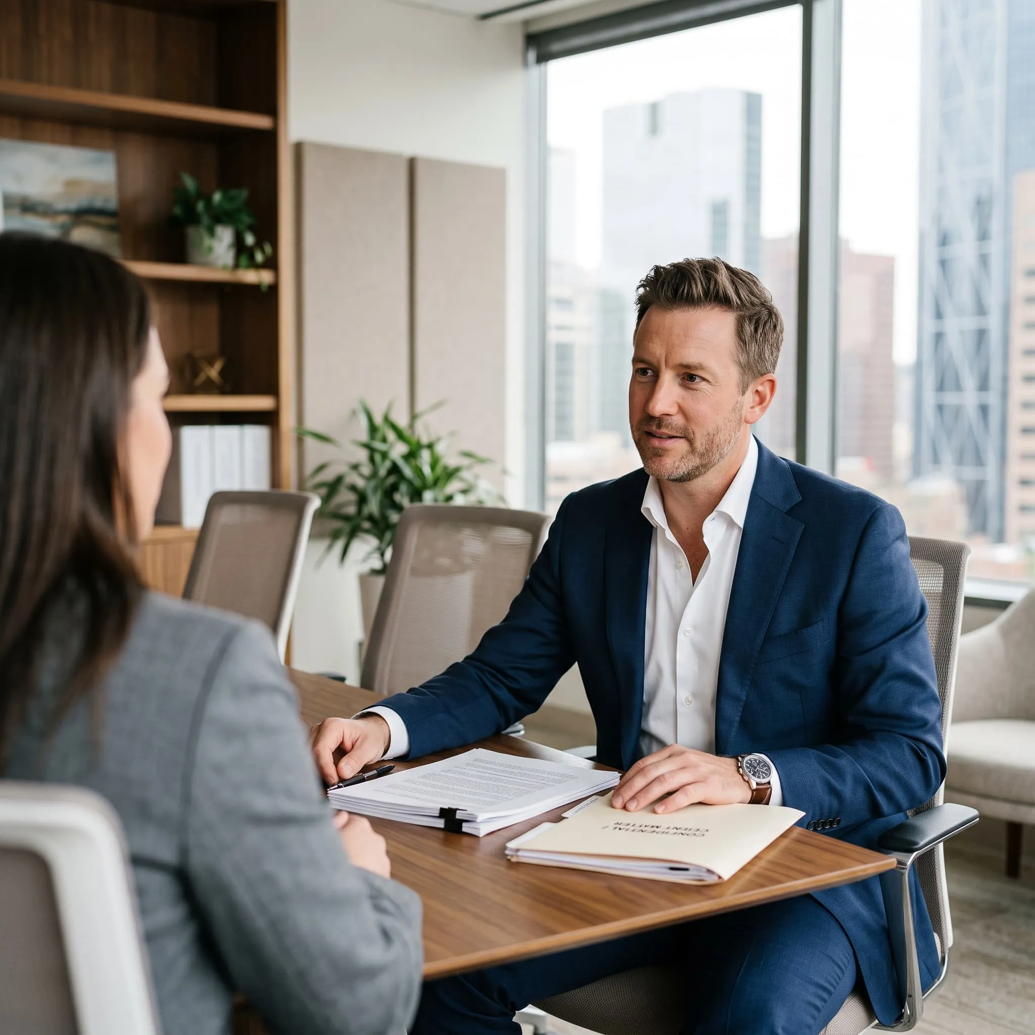 A Linden Legal lawyer listening to a client across a meeting table in a Calgary office