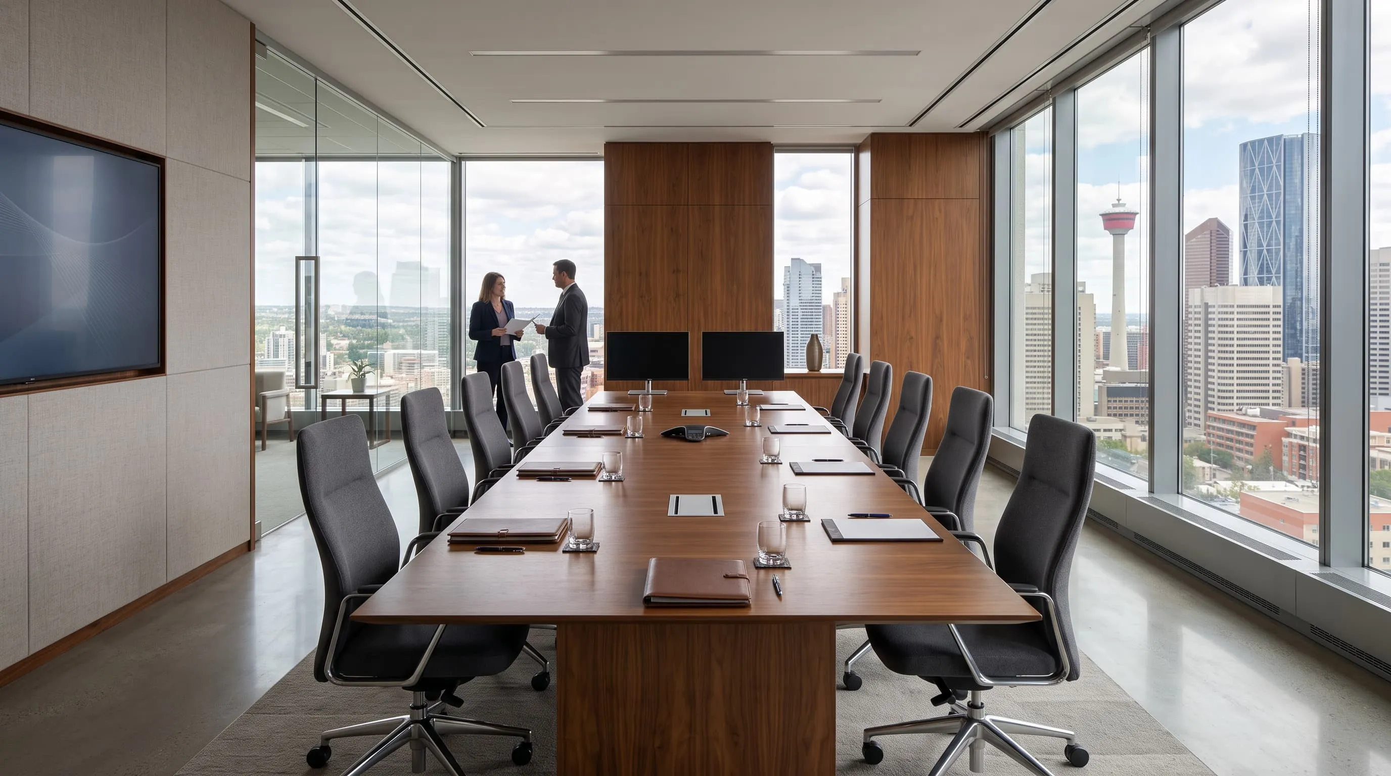 Two Linden Legal lawyers talking by the window of a boardroom overlooking downtown Calgary