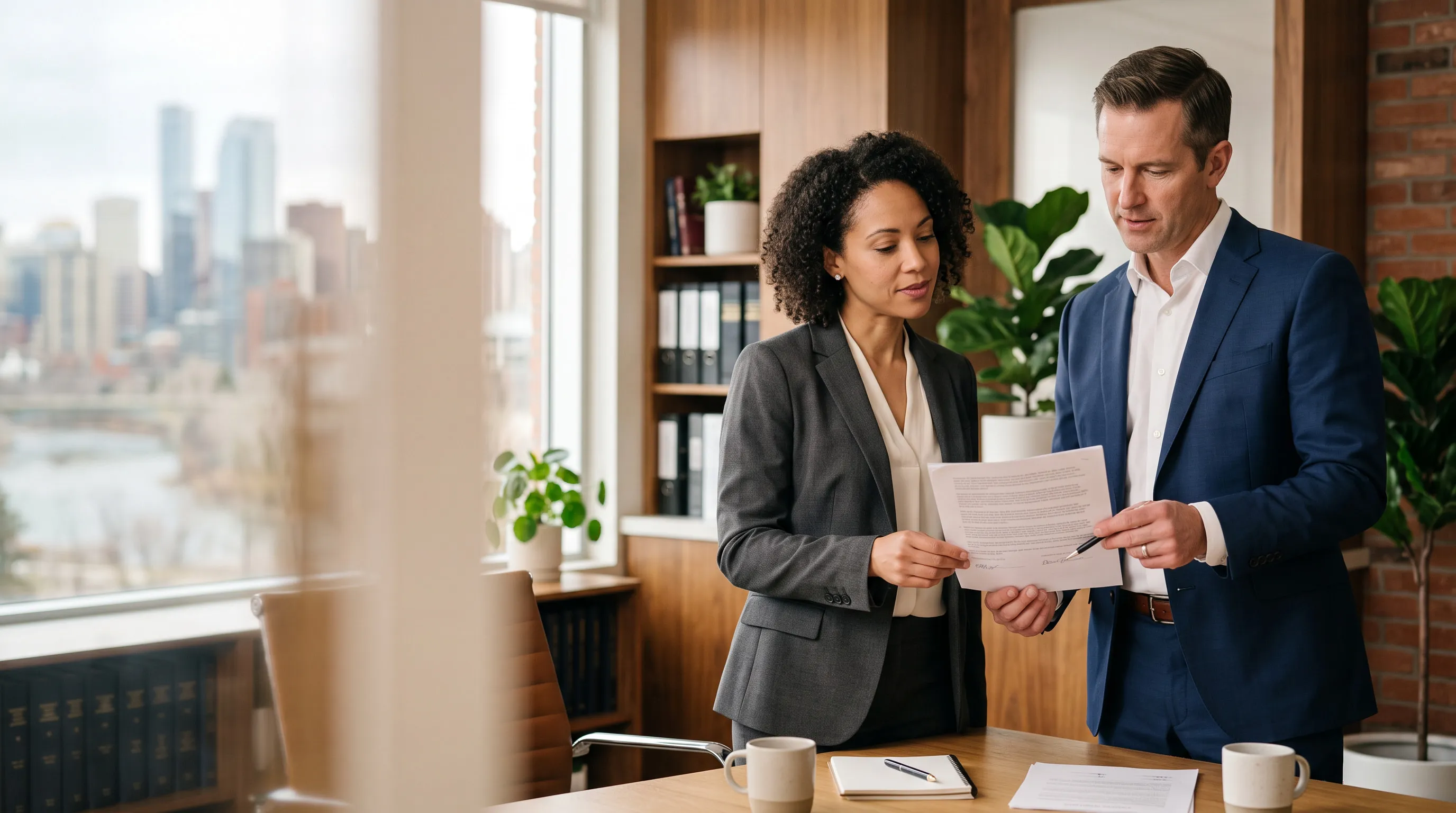 Two Linden Legal lawyers reviewing a document together in a bright office